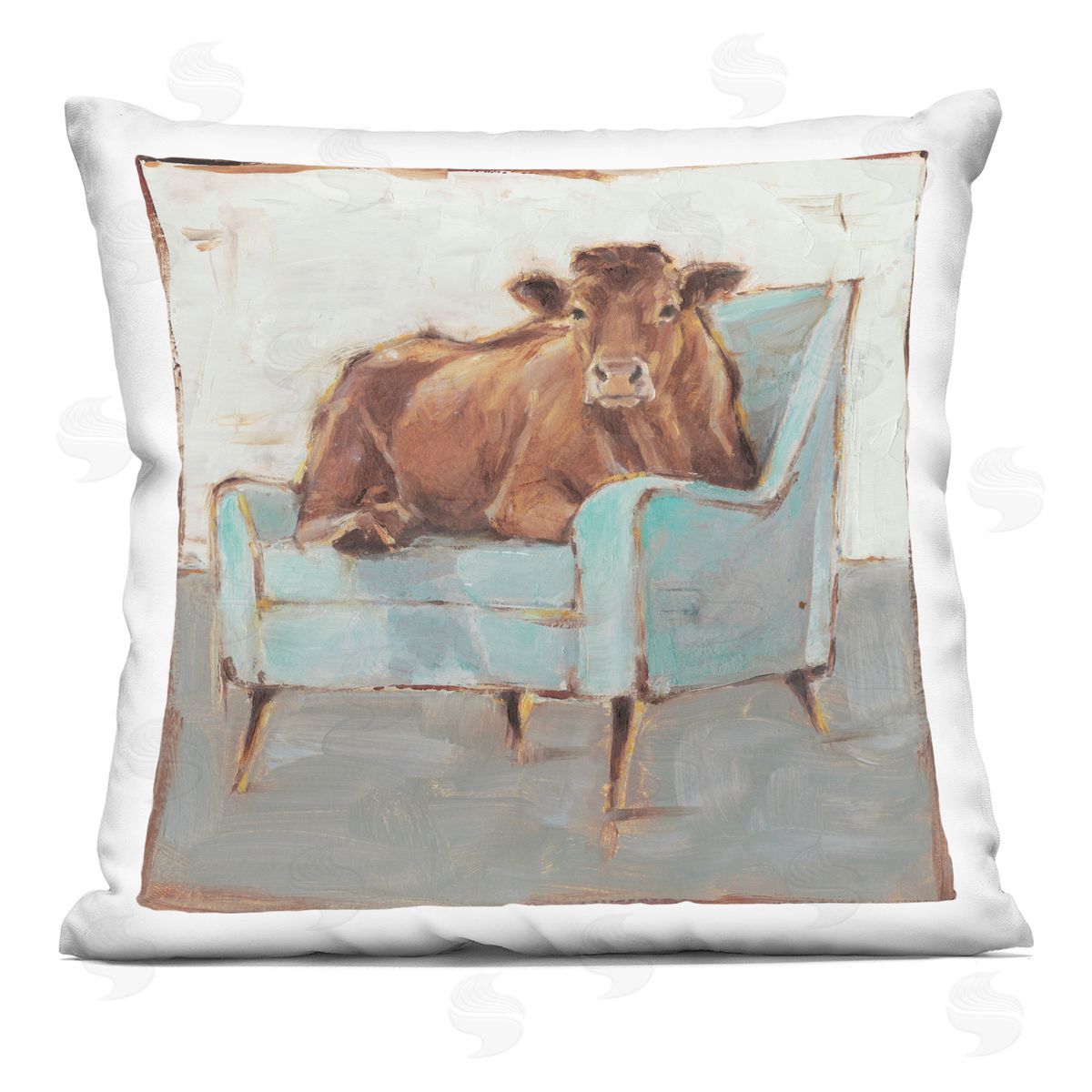 Brown Cattle on a Blue Chair Funny Chic Farmhouse Decorative Printed Pillow, Home Decor by Ethan Harper
