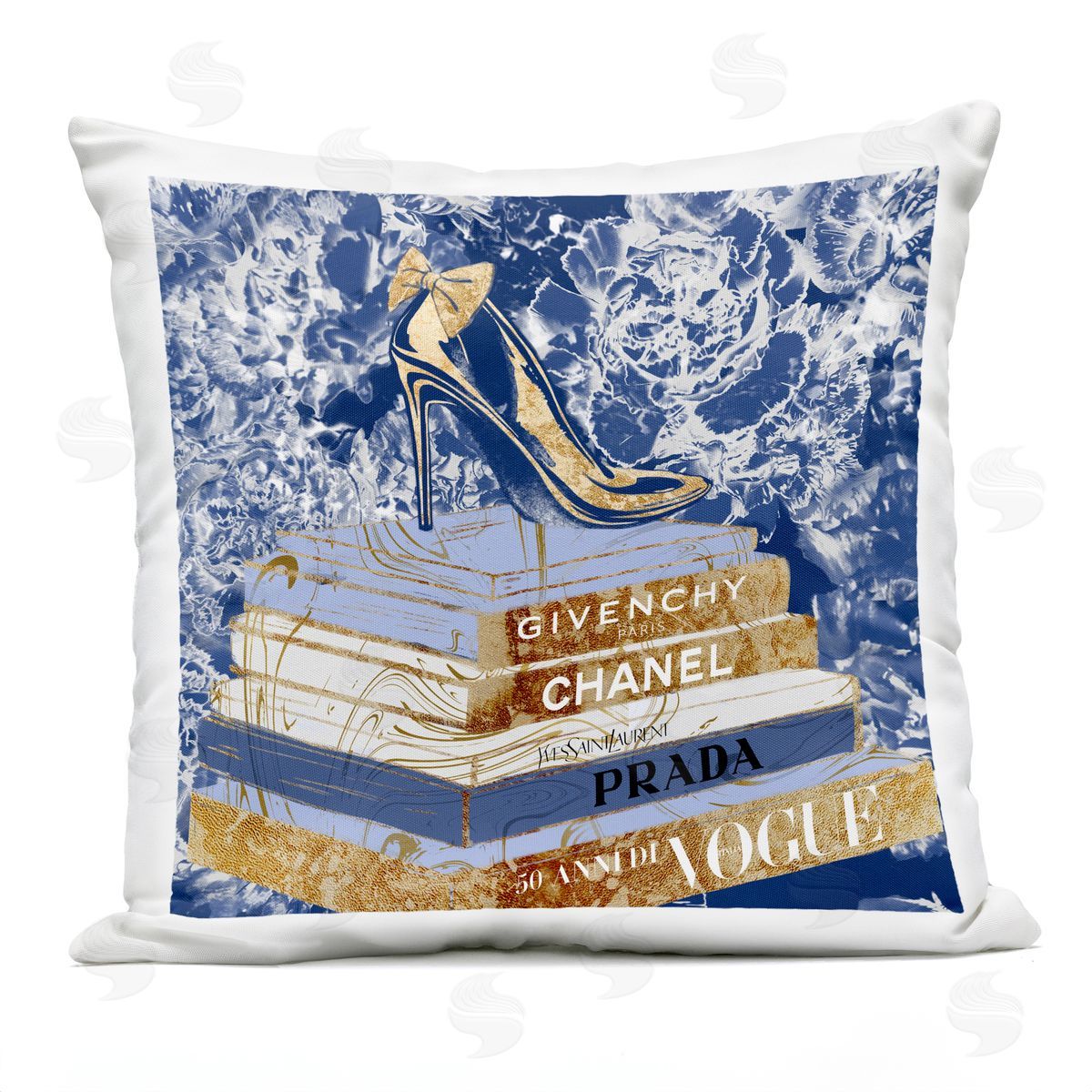 Designer Glitz Heel on Books Fashion Glam Blue Printed Pillow Outdoor Printed Pillow, Home Decor by Ziwei Li