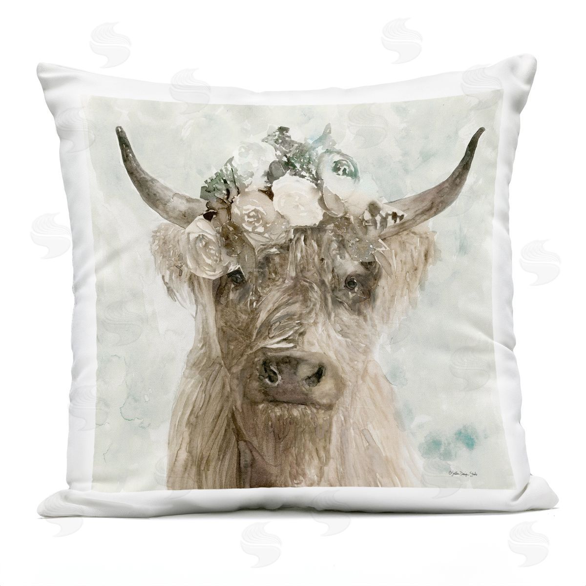 Delicate Soft Buffalo with Floral Crown Watercolor Outdoor Printed Pillow, Home Decor by Stellar Design Studio