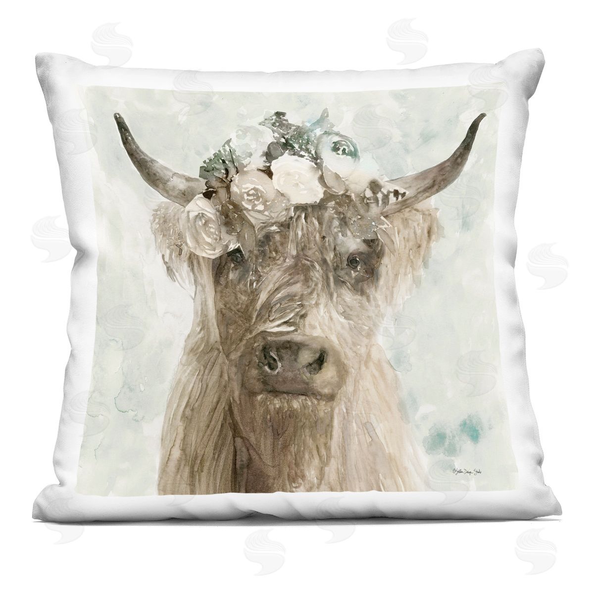 Delicate Soft Buffalo with Floral Crown Watercolor Decorative Printed Pillow, Home Decor by Stellar Design Studio