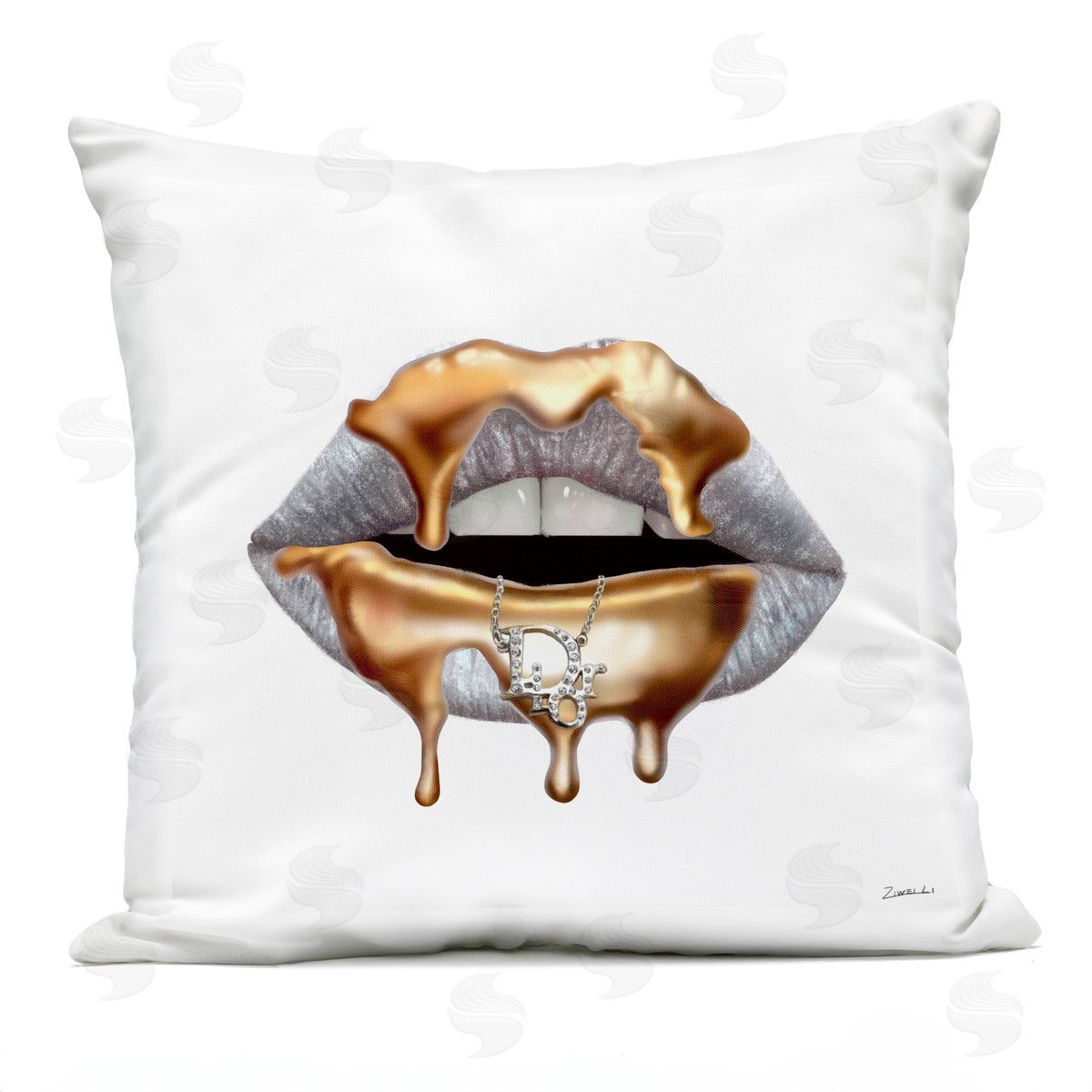 Glam Silver Lip Portrait Fashion With Gold Drip Printed Pillow Outdoor Printed Pillow, Home Decor by Ziwei Li