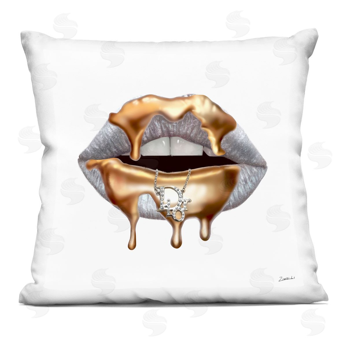 Glam Silver Lip Portrait Fashion With Gold Drip Printed Pillow Decorative Printed Pillow, Home Decor by Ziwei Li