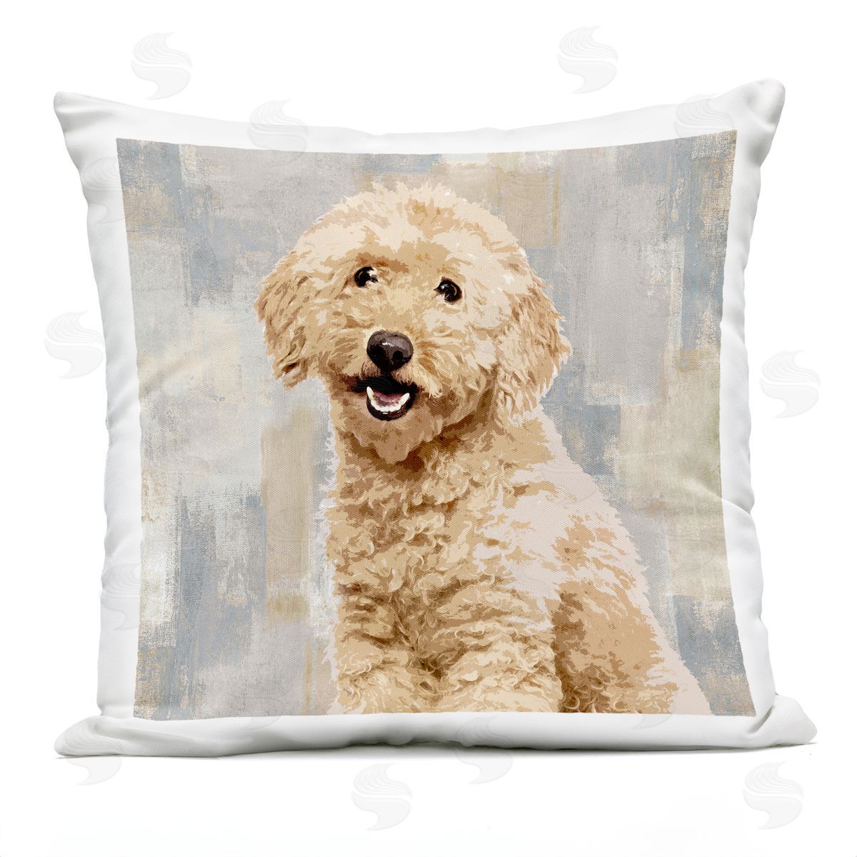 Smiling Labradoodle Dog Patchwork Grey Beige Pattern Outdoor Printed Pillow, Home Decor by Keri Rodgers