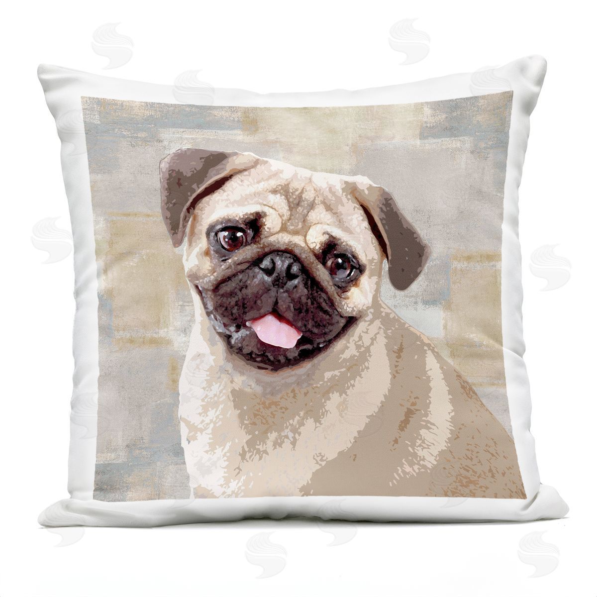 Happy Pug Dog Beige Grey Patchwork Pattern Outdoor Printed Pillow, Home Decor by Keri Rodgers