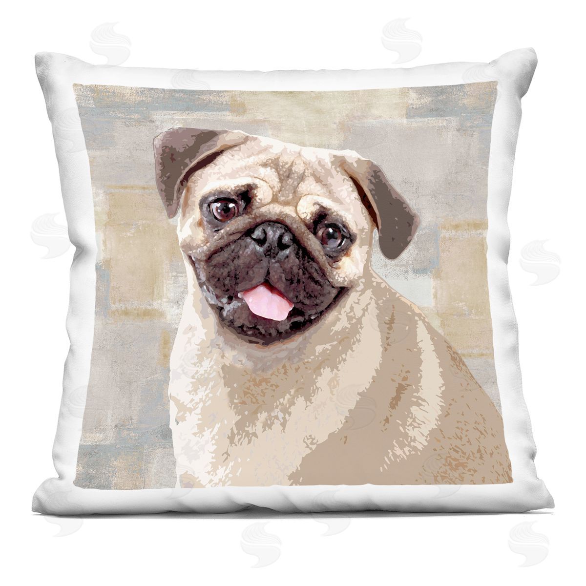 Happy Pug Dog Beige Grey Patchwork Pattern Decorative Printed Pillow, Home Decor by Keri Rodgers