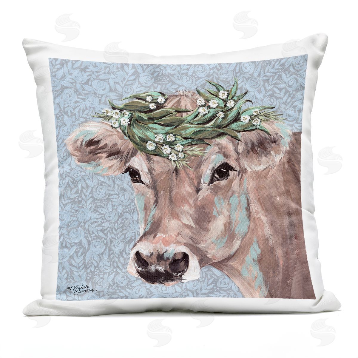 Charming Rural Cow Portrait Floral Crown Outdoor Printed Pillow, Home Decor by Michele Norman