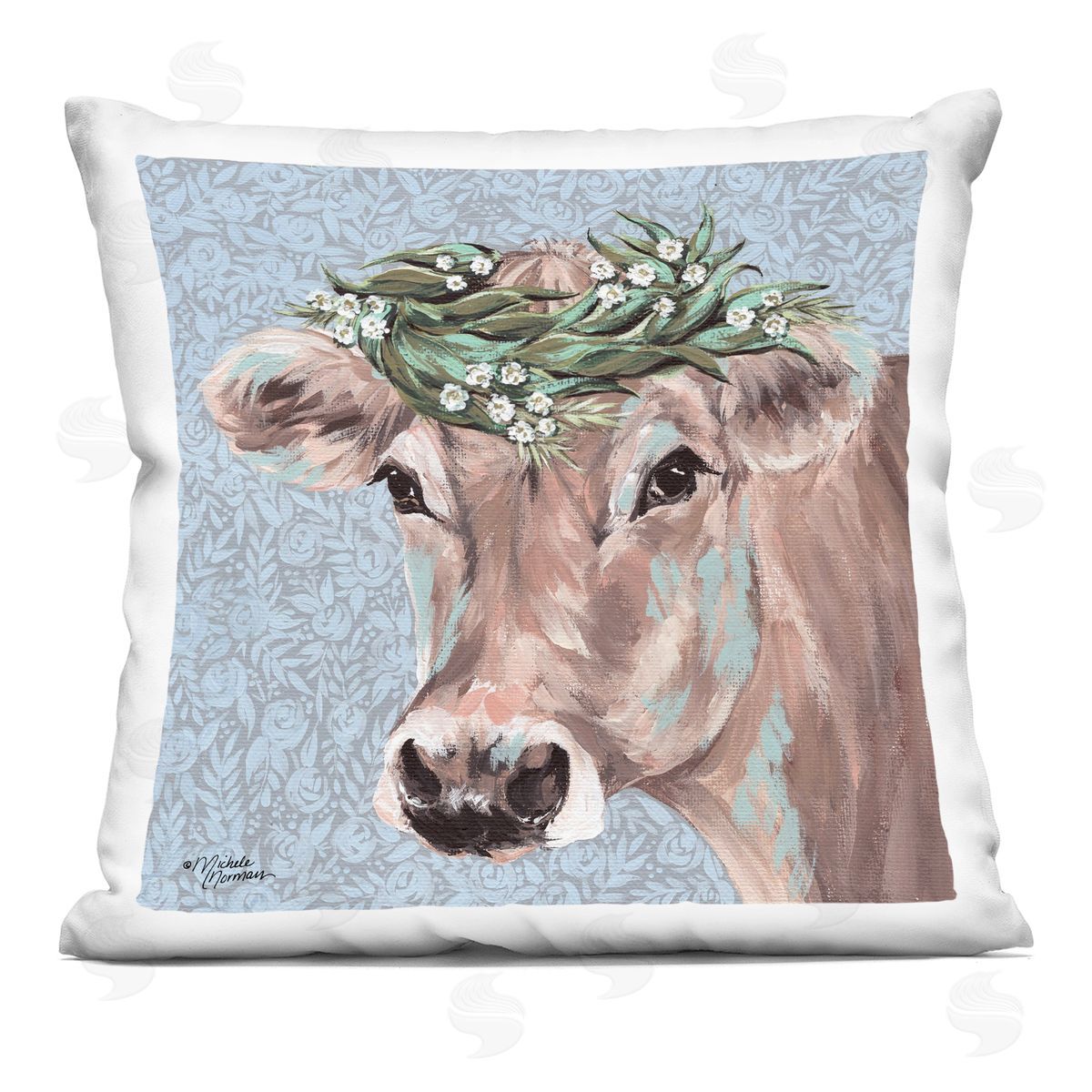 Charming Rural Cow Portrait Floral Crown Decorative Printed Pillow, Home Decor by Michele Norman