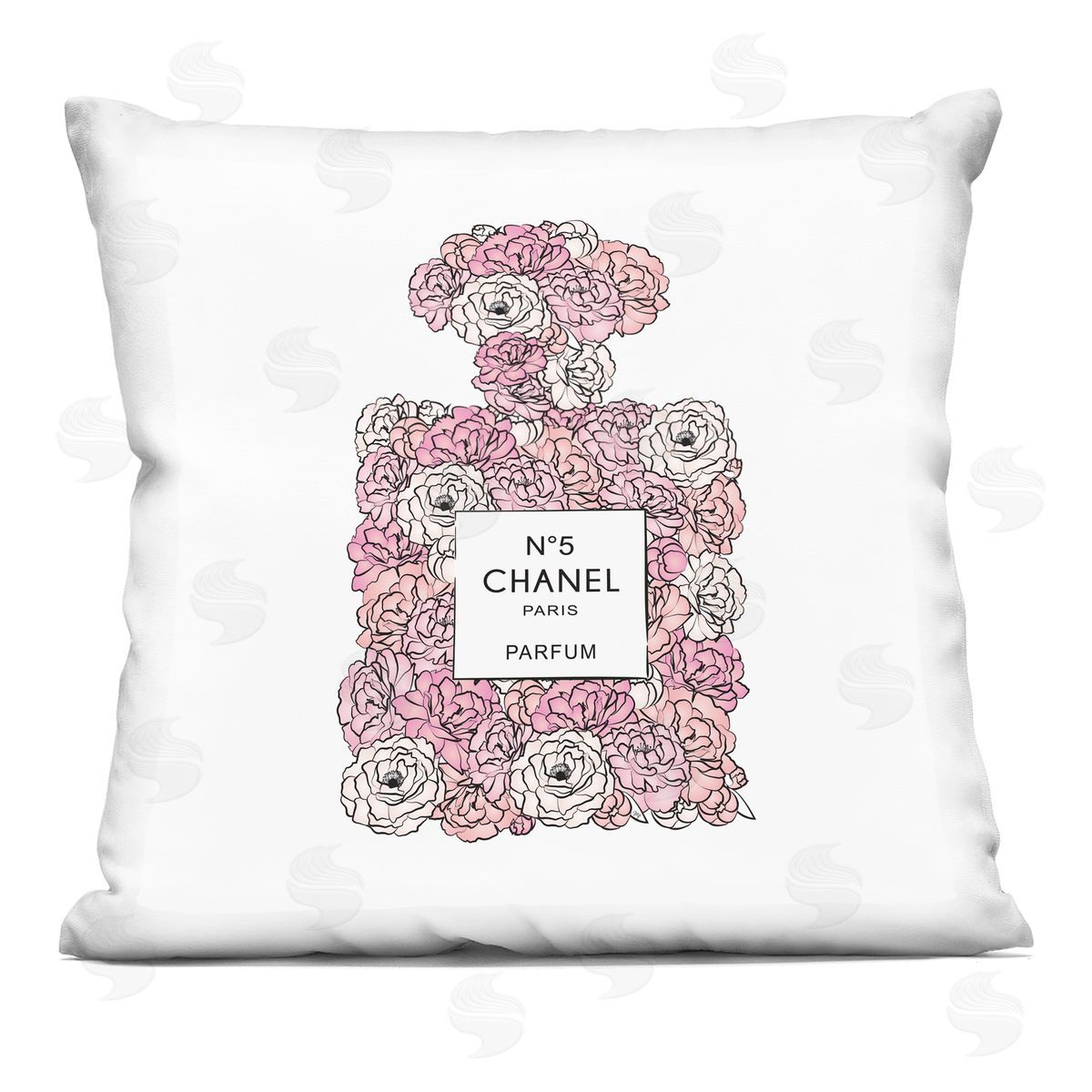 Pink Rose Floral Perfume Bottle Designer Fashion Decorative Printed Pillow, Home Decor by Martina Pavlova