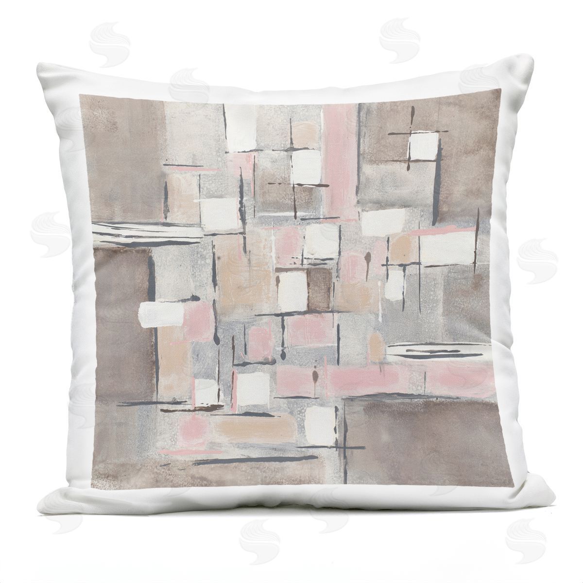 Pink Brown Patchwork Abstract Geometric Grid Outdoor Printed Pillow, Home Decor by Merri Pattinian