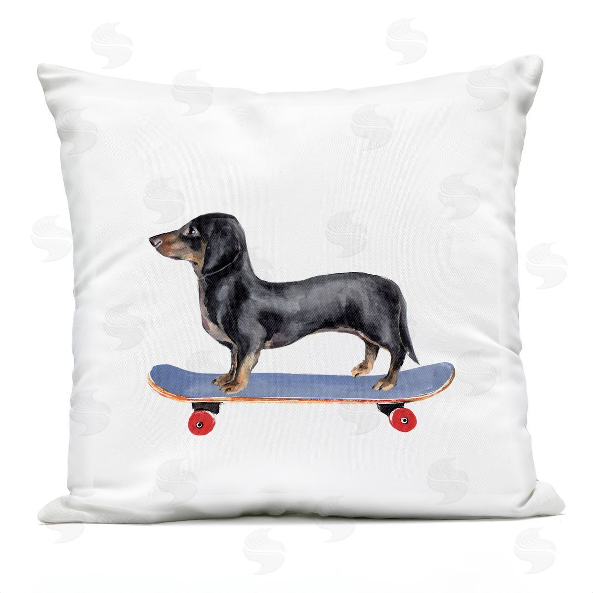 Dachshund Pet Dog on Blue Skateboard Outdoor Printed Pillow, Home Decor by Annie Warren