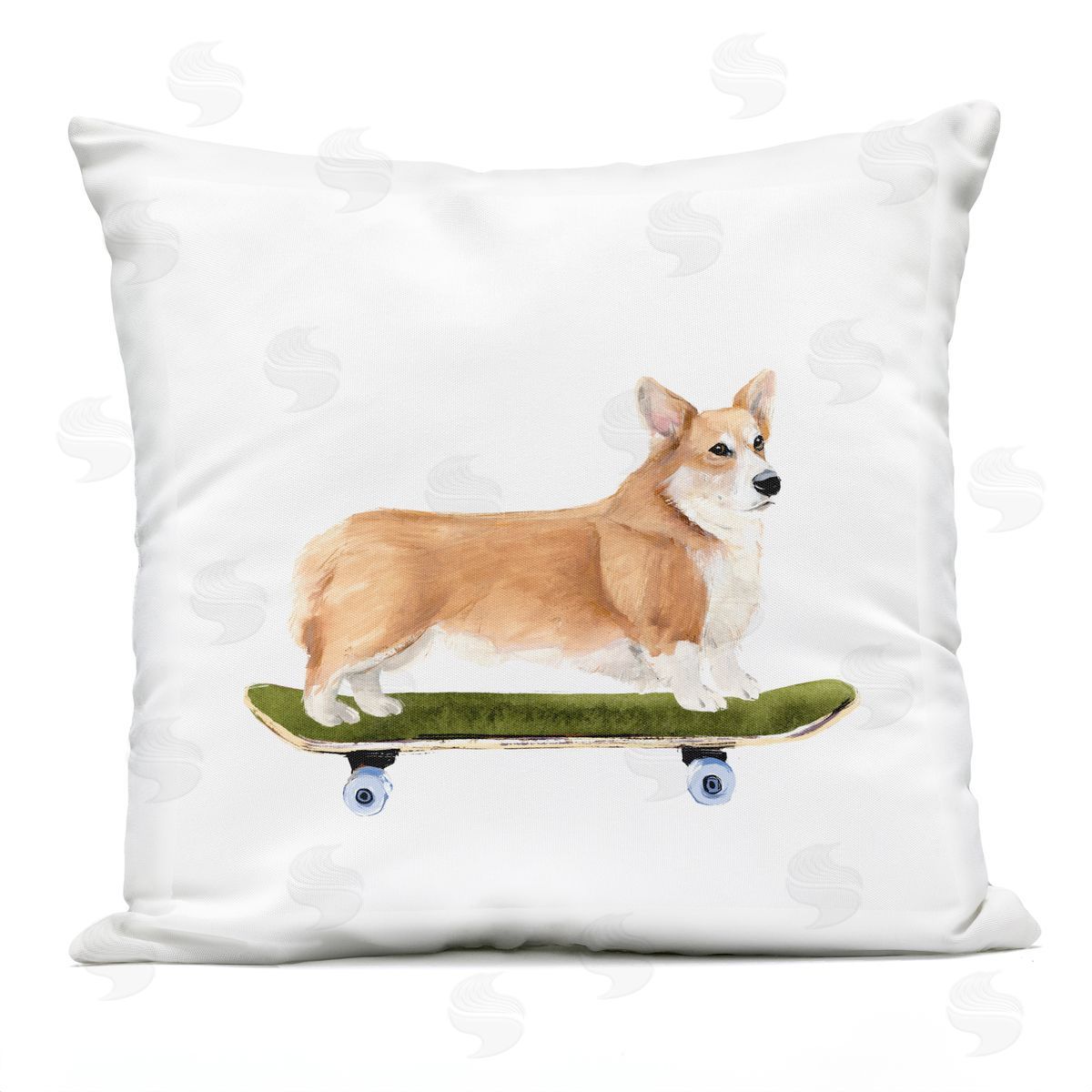 Playful Corgi Pet Dog on Green Skateboard Outdoor Printed Pillow, Home Decor by Annie Warren