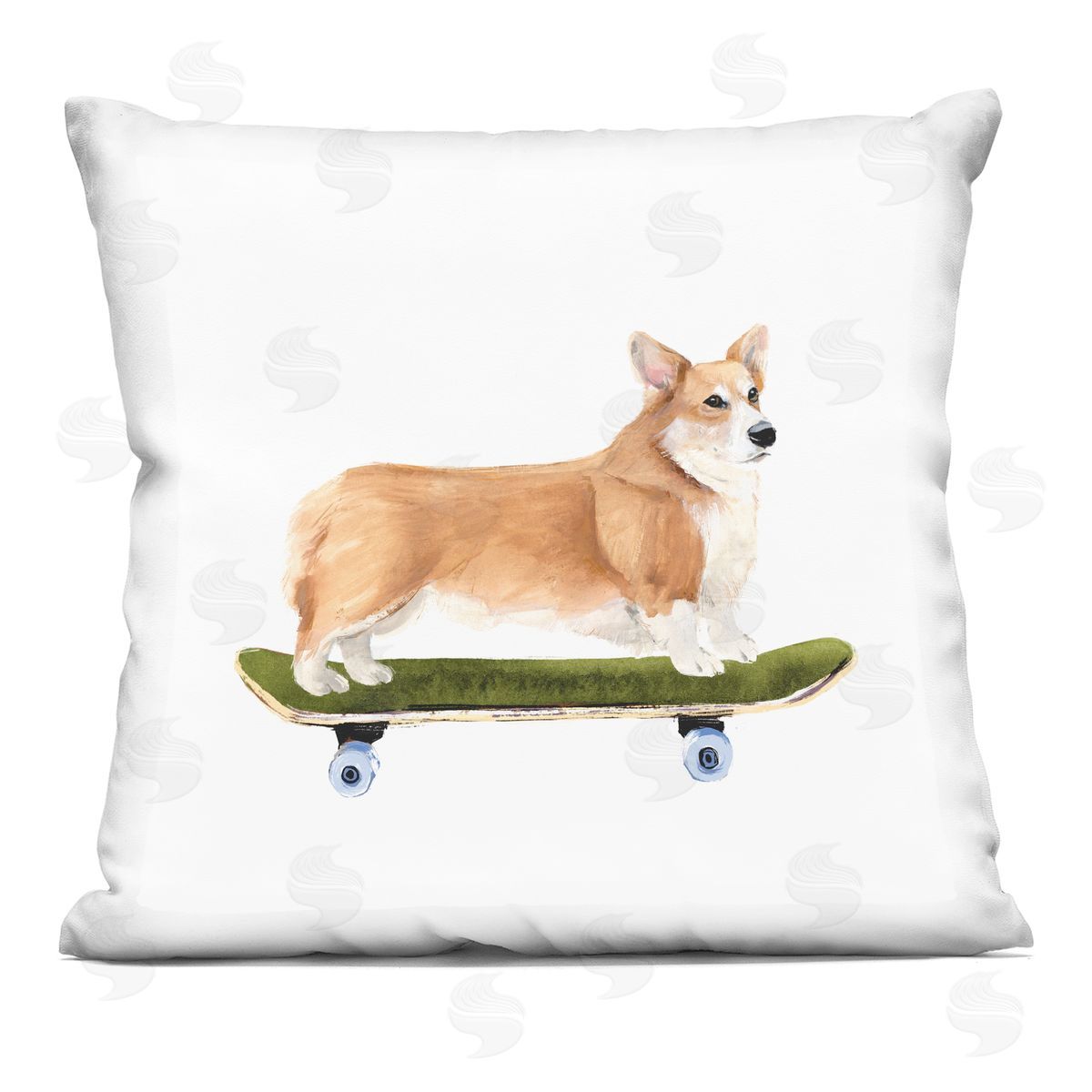 Playful Corgi Pet Dog on Green Skateboard Decorative Printed Pillow, Home Decor by Annie Warren
