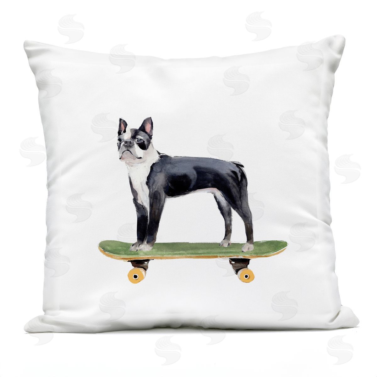 Curious Boston Terroir Pet Dog on Green Skateboard Outdoor Printed Pillow, Home Decor by Annie Warren