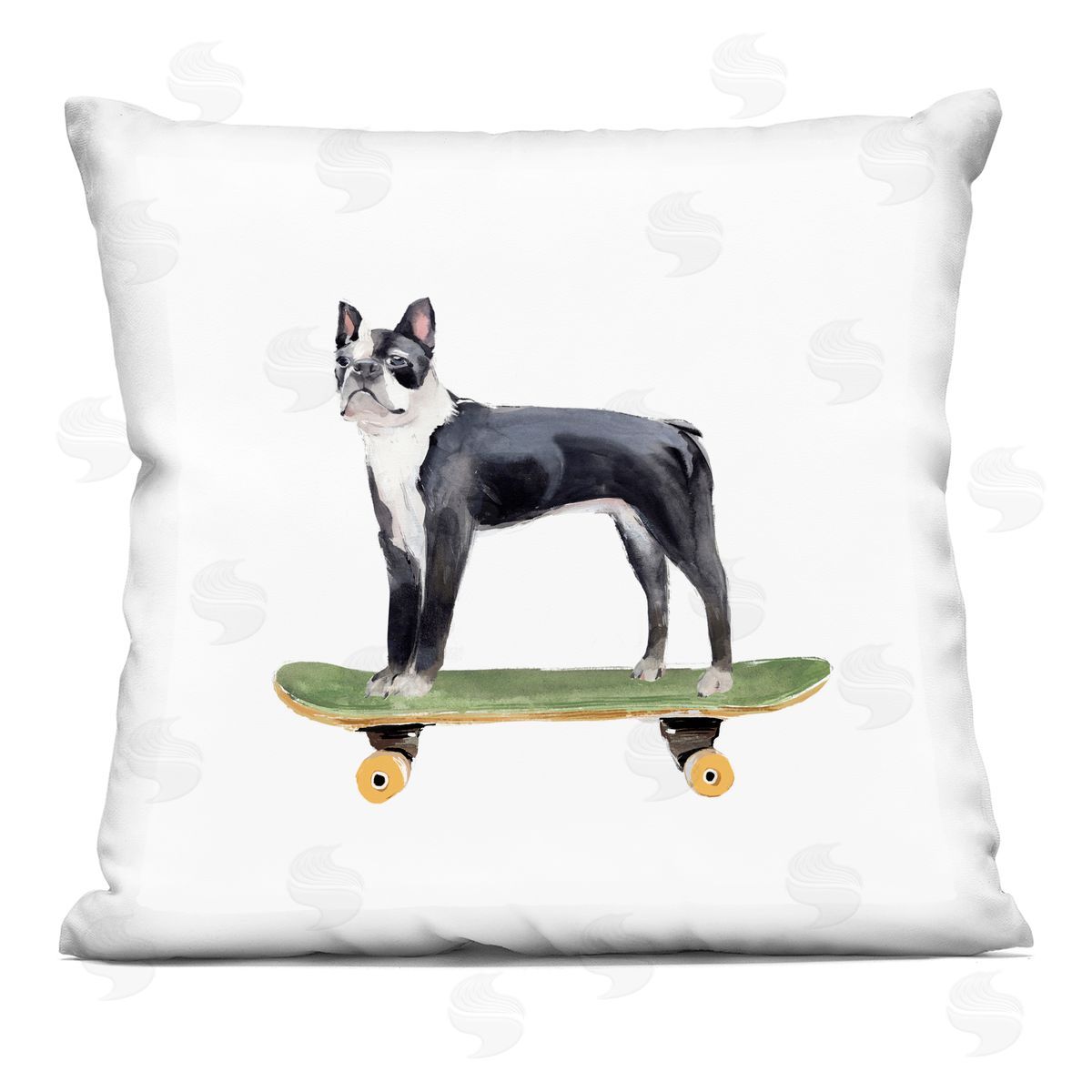 Curious Boston Terroir Pet Dog on Green Skateboard Decorative Printed Pillow, Home Decor by Annie Warren