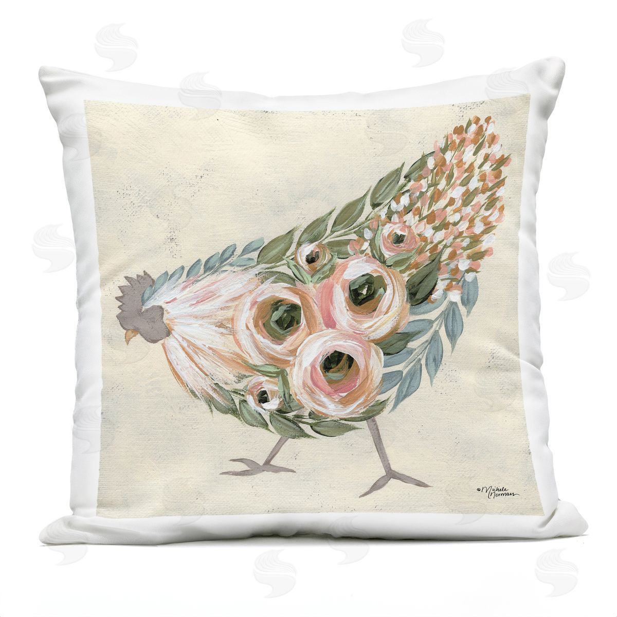 Vintage Farm Chicken Pink Floral Body Outdoor Printed Pillow, Home Decor by Michele Norman