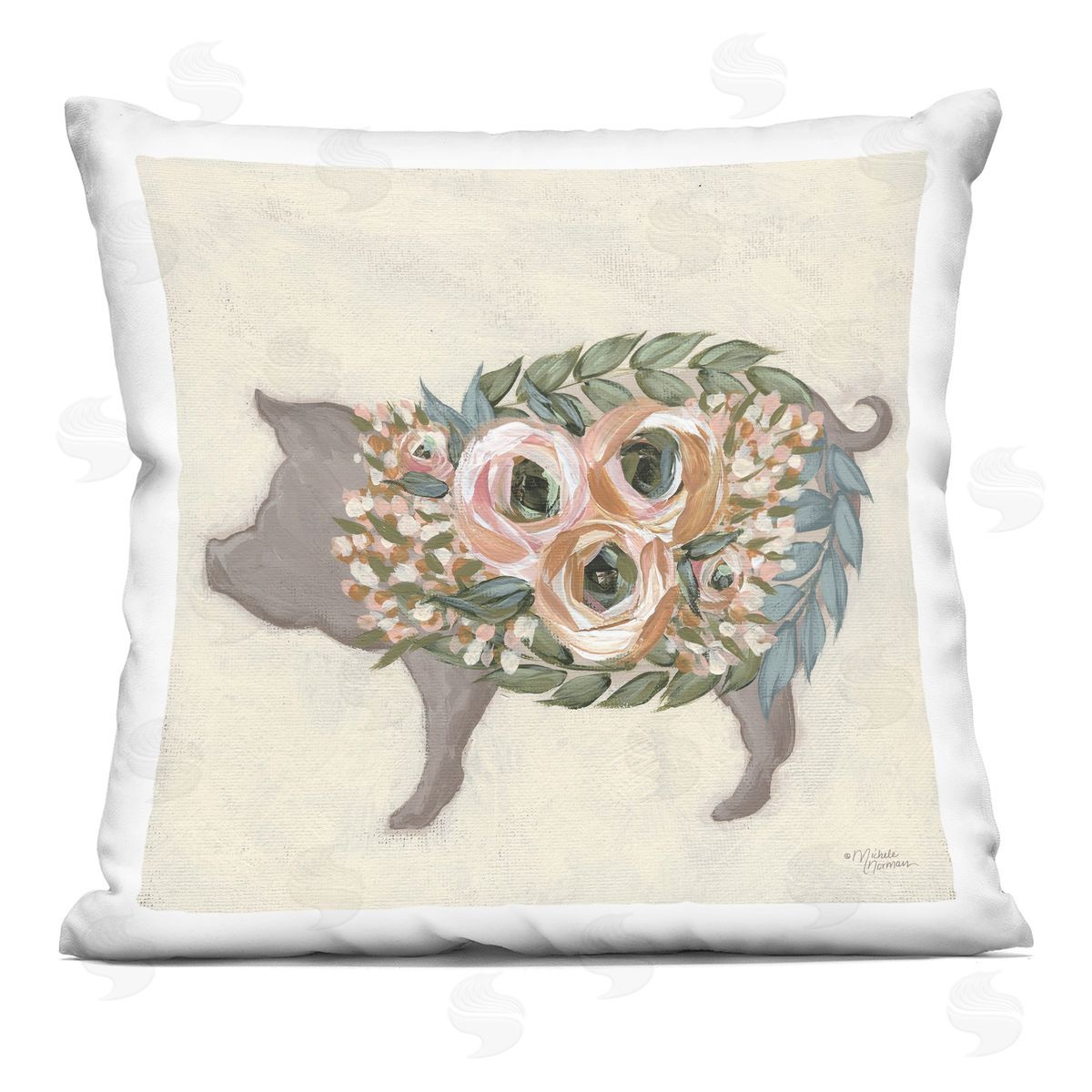 Charming Farm Pig Green Pink Floral Body Decorative Printed Pillow, Home Decor by Michele Norman