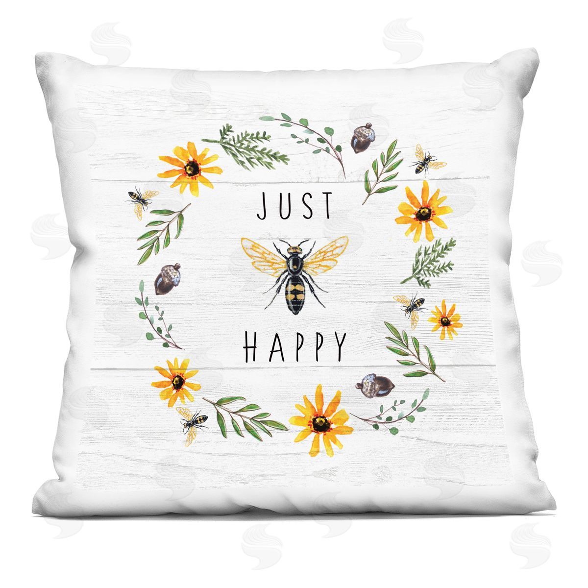 Just Bee Happy Pun Phrase Yellow Daisy Wreath Decorative Printed Pillow, Home Decor by Elizabeth Tyndall
