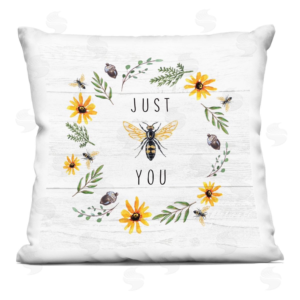 Just Bee You Pun Phrase Yellow Daisy Wreath Decorative Printed Pillow, Home Decor by Elizabeth Tyndall
