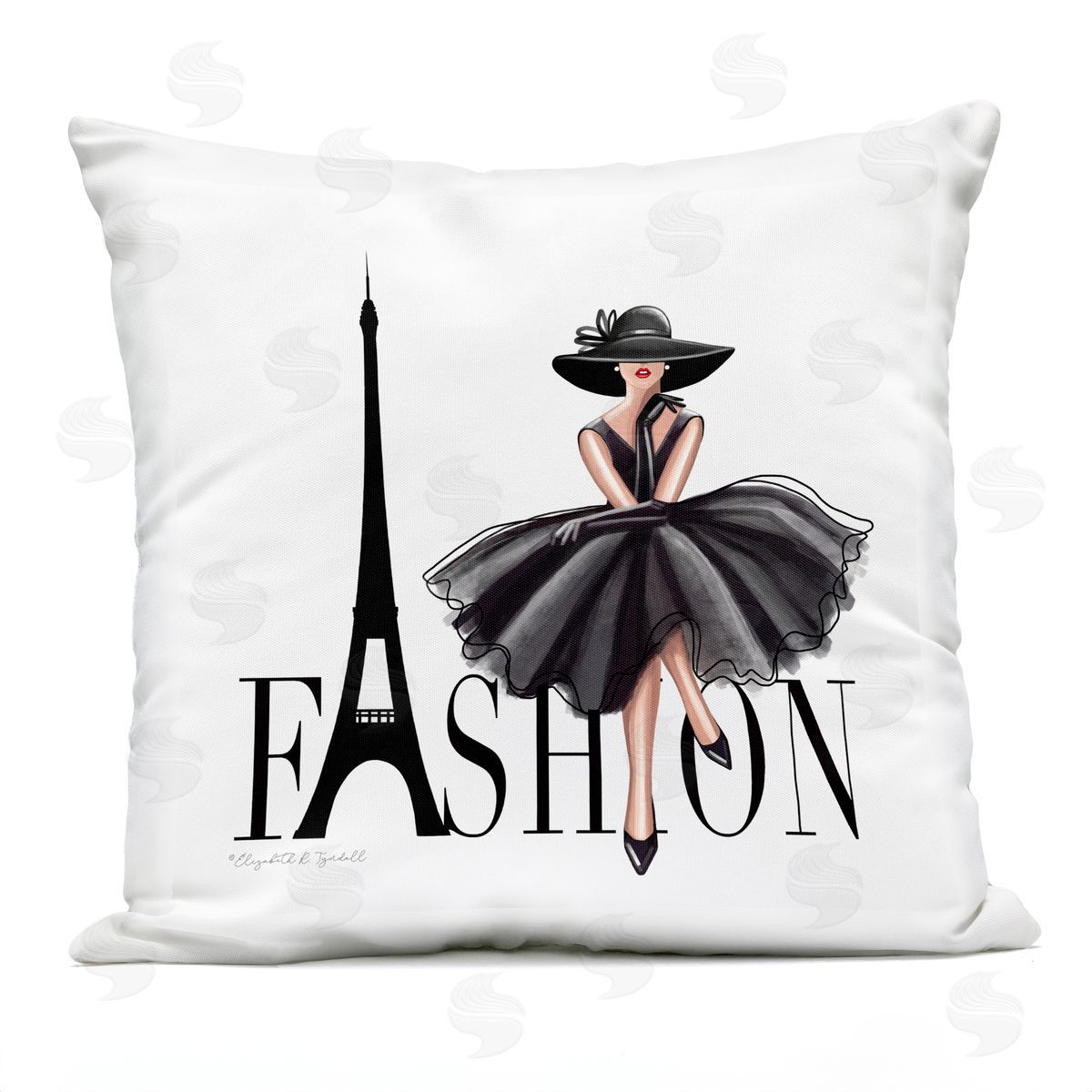 Parisian Fashion Illustration High End Design Black Dress Outdoor Printed Pillow, Home Decor by Elizabeth Tyndall