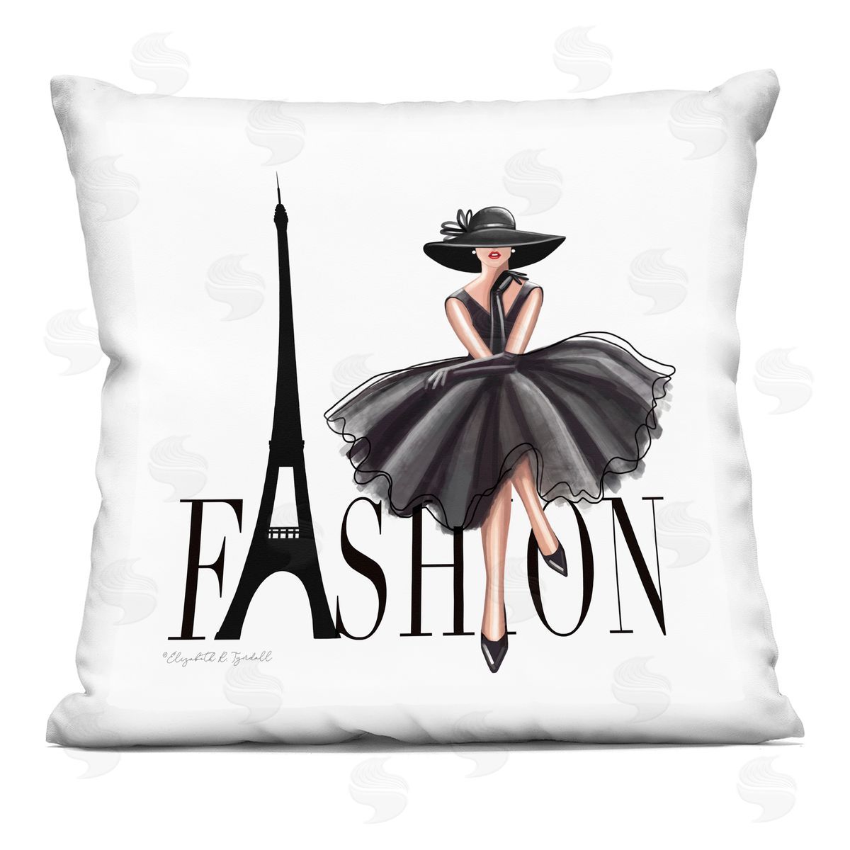 Parisian Fashion Illustration High End Design Black Dress Decorative Printed Pillow, Home Decor by Elizabeth Tyndall