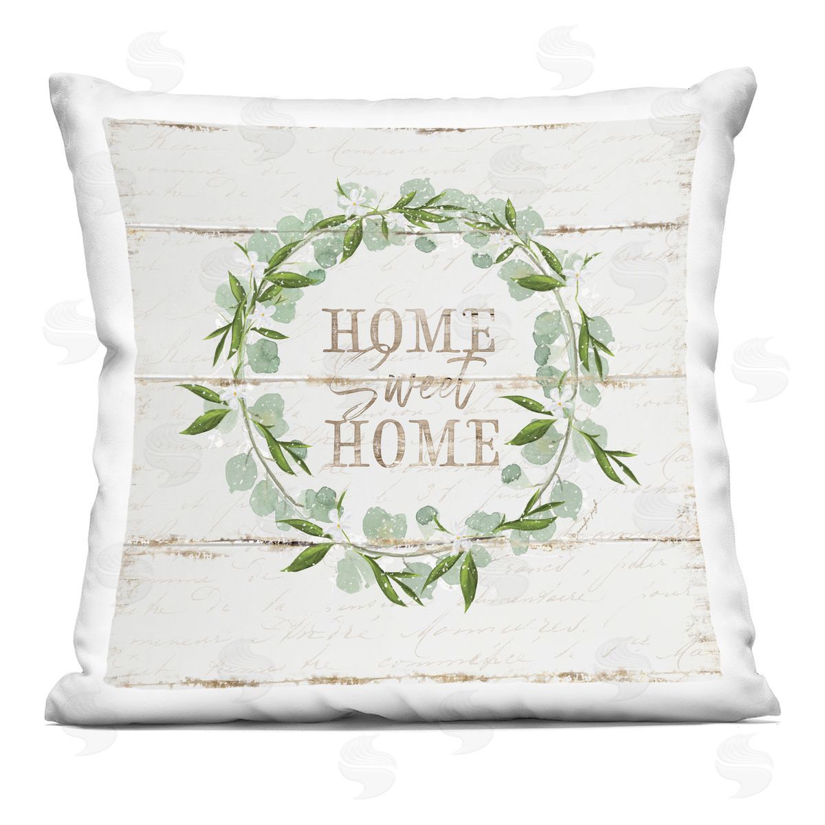 Sweet Home Greeting Eucalyptus Wreath Rustic Plank Pattern Decorative Printed Pillow, Home Decor by Jennifer Pugh