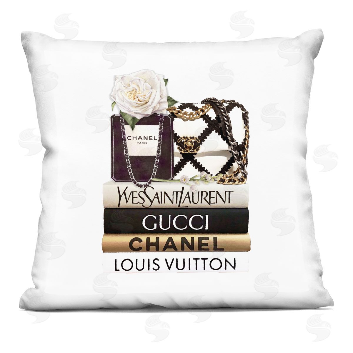 Elegant Glam Fashion Floral Bag on Bookstack Decorative Printed Pillow, Home Decor by Ros Ruseva
