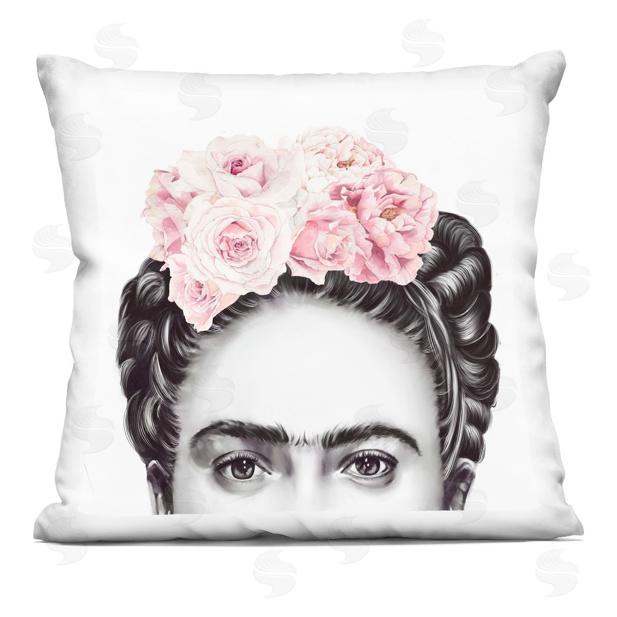 Frida With Pink Roses Powerful Full Eyed Portrait Decorative Printed Pillow, Home Decor by Ros Ruseva