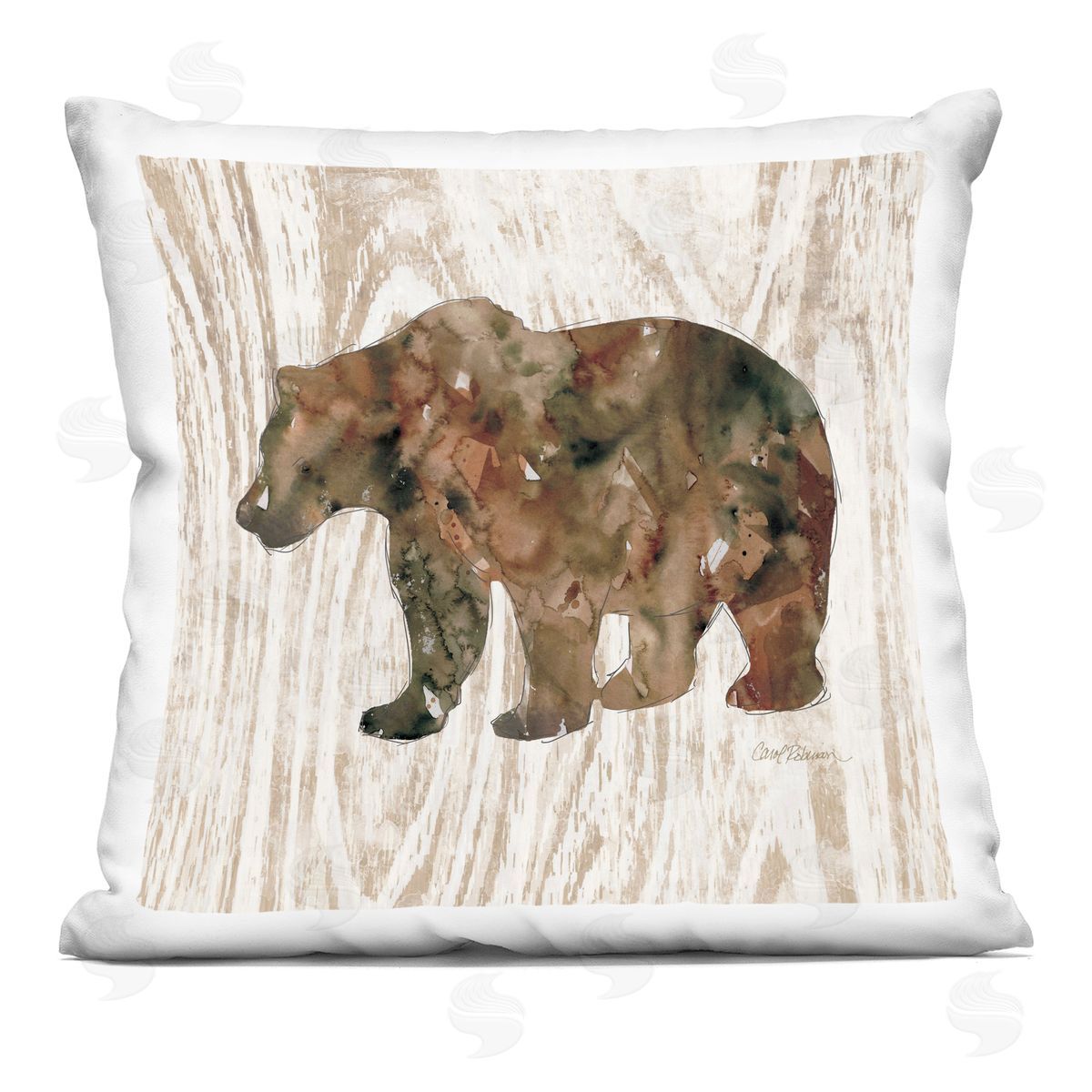 Forest Bear Watercolor Silhouette Rustic Grain Pattern Decorative Printed Pillow, Home Decor by Carol Robinson