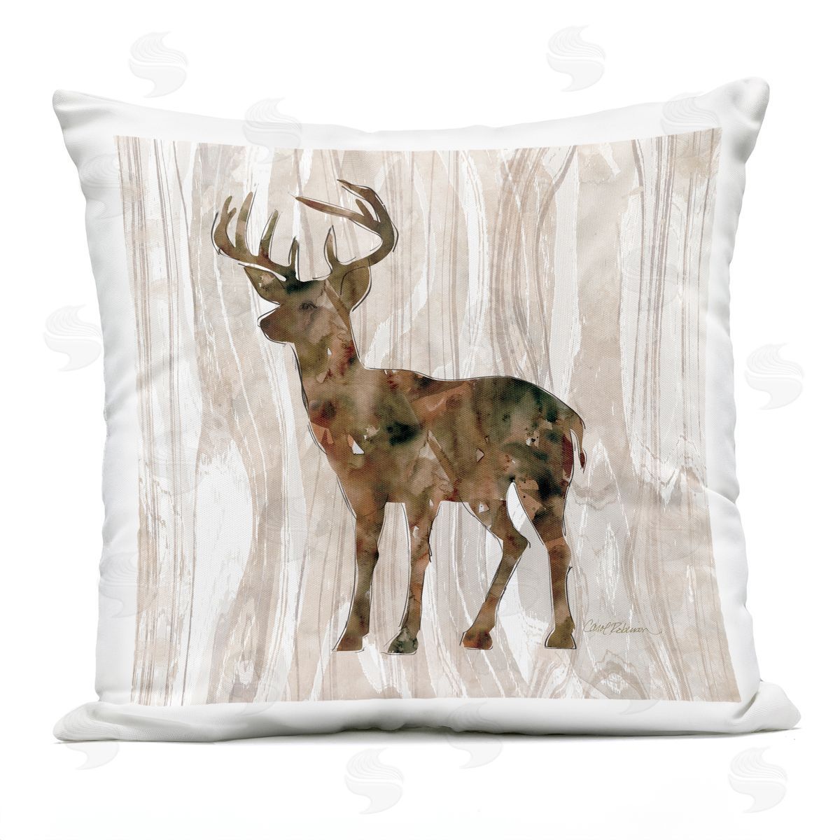 Wilderness Buck Watercolor Silhouette Rustic Grain Pattern Outdoor Printed Pillow, Home Decor by Carol Robinson