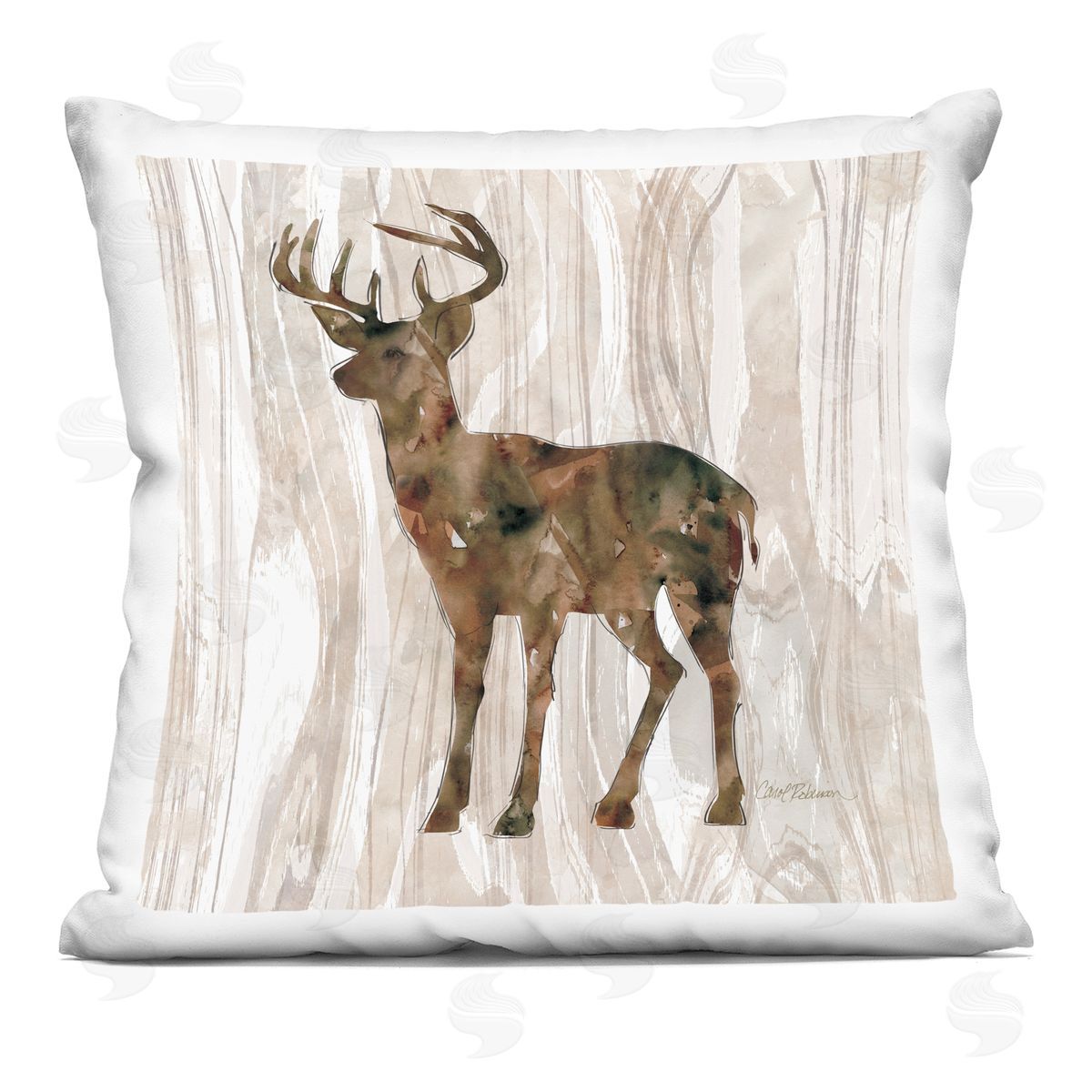 Wilderness Buck Watercolor Silhouette Rustic Grain Pattern Decorative Printed Pillow, Home Decor by Carol Robinson