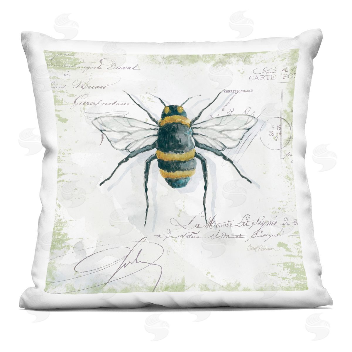 Quaint Honey Bee Insect over Vintage Postal Card Decorative Printed Pillow, Home Decor by Carol Robinson