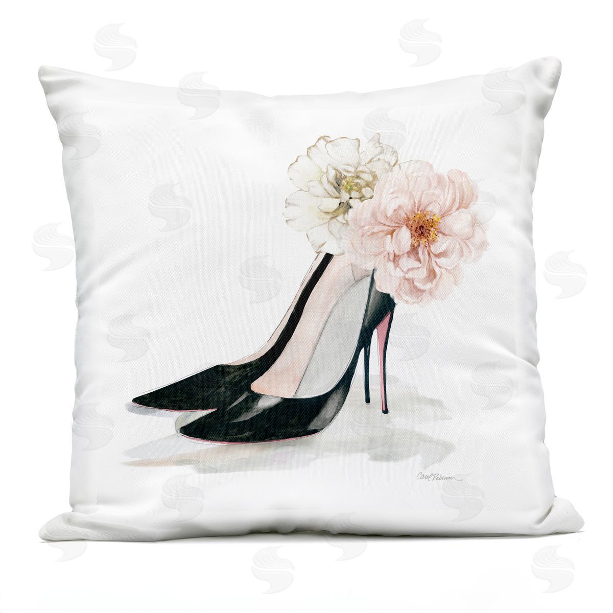 Pink Floral Black Heels Outdoor Printed Pillow, Home Decor by Carol Robinson