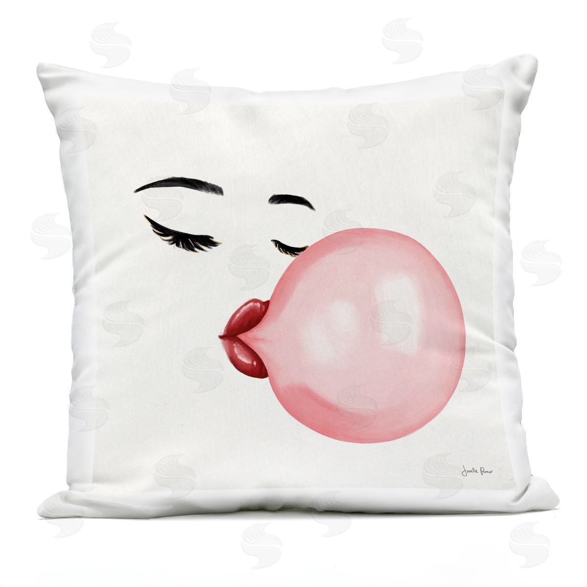 Blowing Bubble Bold Lips Outdoor Printed Pillow, Home Decor by Janelle Penner