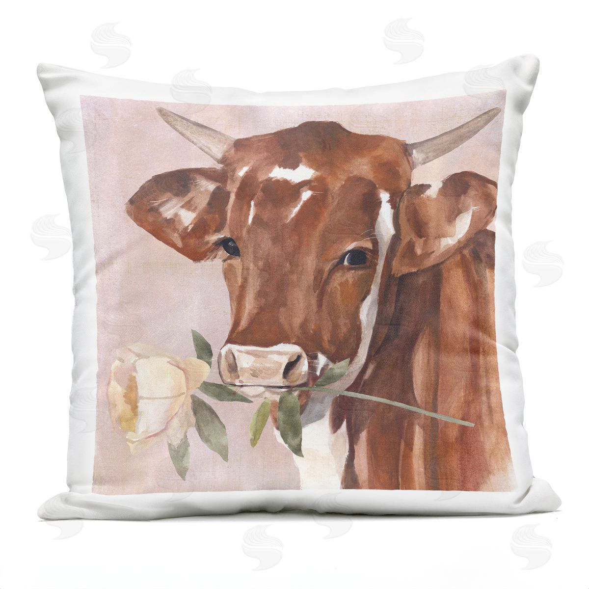 Romantic Bull Cattle White Rose over Pink Outdoor Printed Pillow, Home Decor by Annie Warren