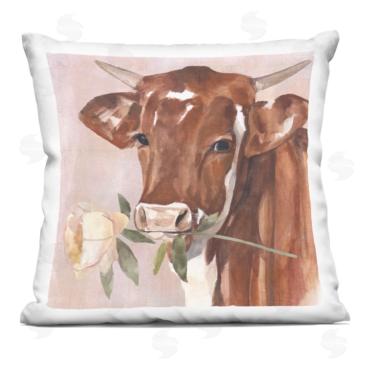Romantic Bull Cattle White Rose over Pink Decorative Printed Pillow, Home Decor by Annie Warren