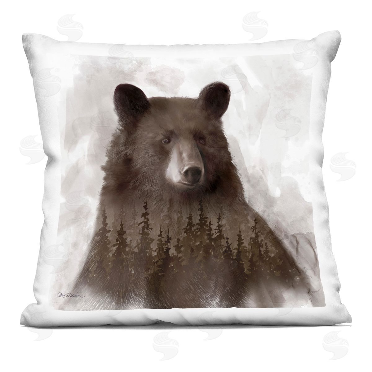Woodland Brown Bear Portrait Abstract Pine Tree Forest Decorative Printed Pillow, Home Decor by Carol Robinson