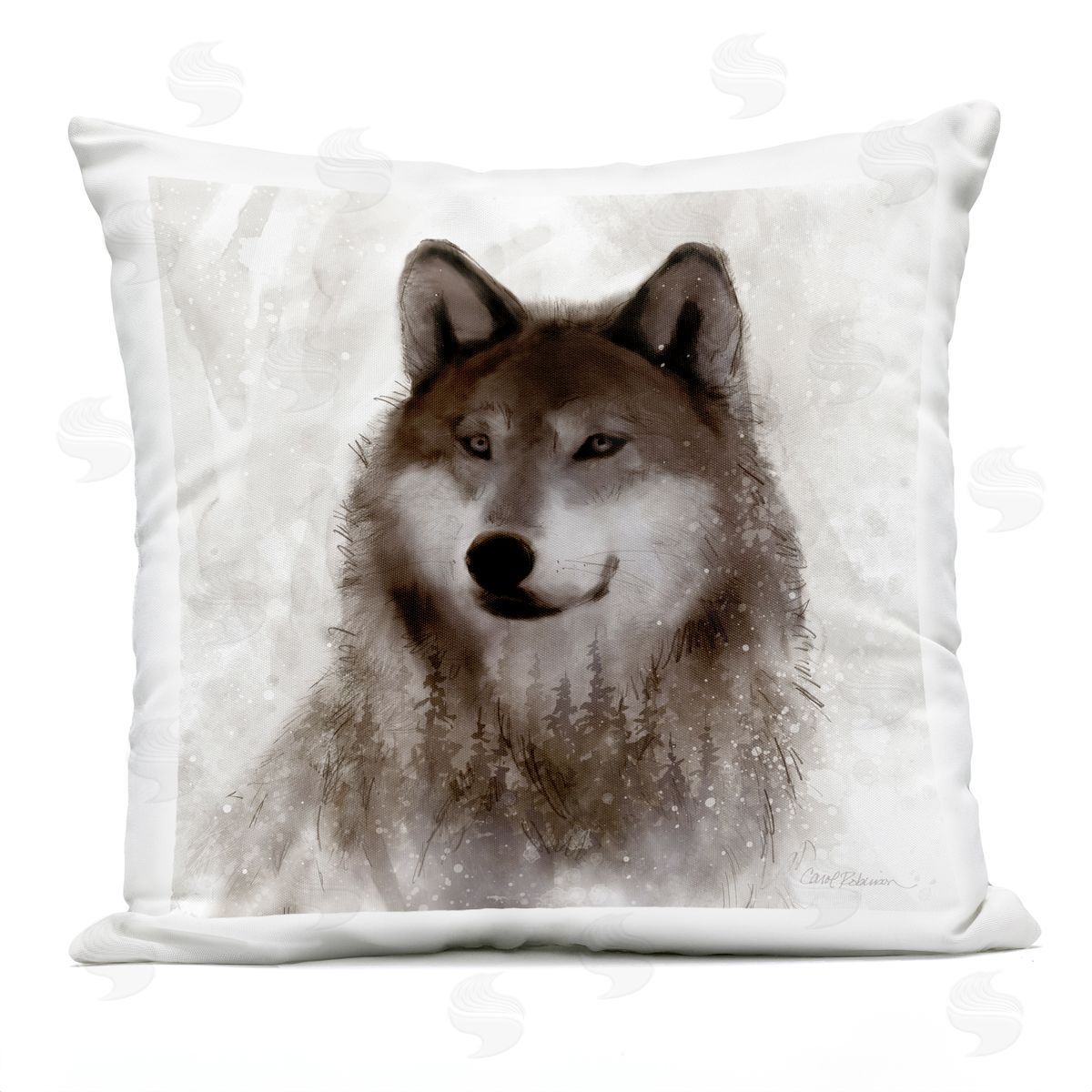 Woodland Wild Wolf Portrait Abstract Fir Tree Forest Outdoor Printed Pillow, Home Decor by Carol Robinson