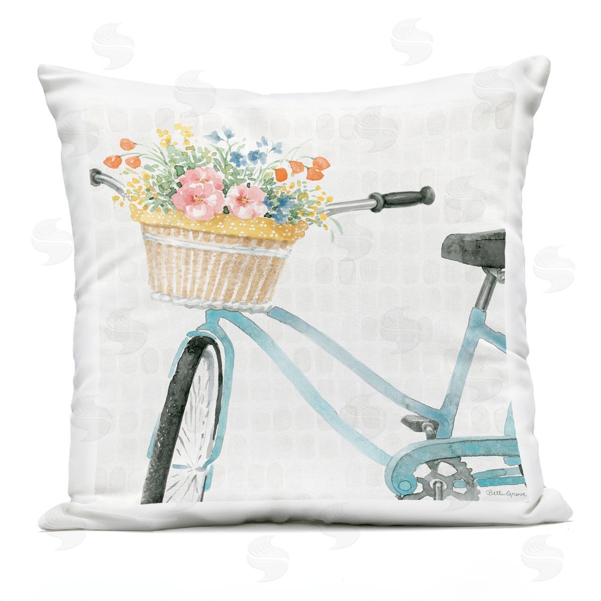 Country Bicycle Basket Blooming Spring Flowers Outdoor Printed Pillow, Home Decor by Beth Grove