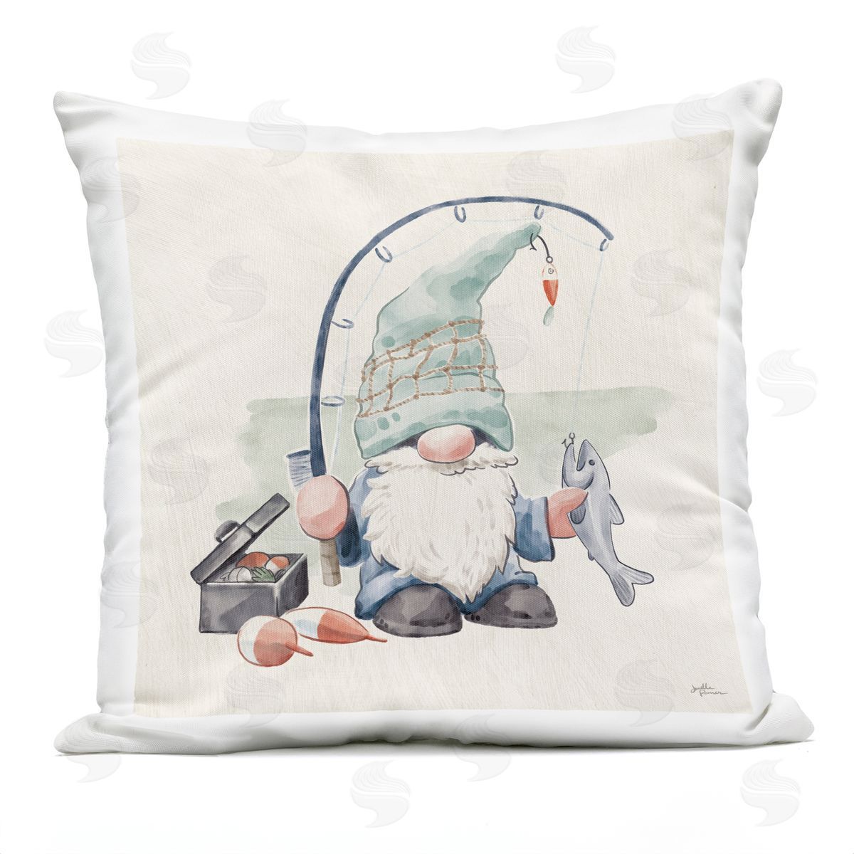 Gnome Fishing Pole Summer Watercolor Beach Theme Outdoor Printed Pillow, Home Decor by Janelle Penner