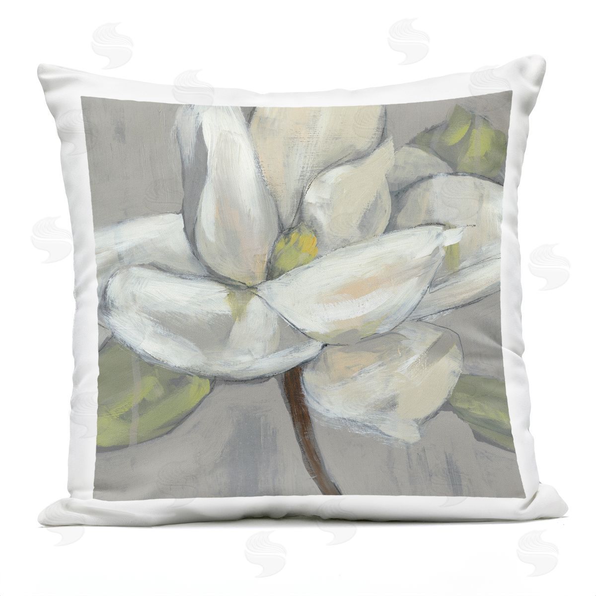 Magnolia Flower Petals Grey Green Painting Outdoor Printed Pillow, Home Decor by Jennifer Goldberger
