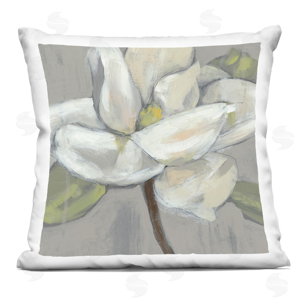 Magnolia Flower Petals Grey Green Painting Decorative Printed Pillow, Home Decor by Jennifer Goldberger