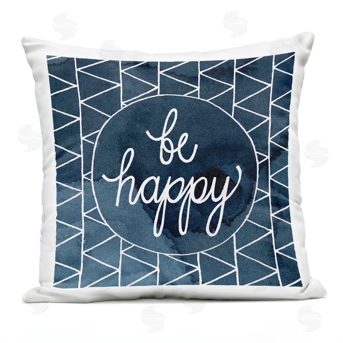 Be Happy Blue and White Geometric Pattern Outdoor Printed Pillow, Home Decor by Grace Popp