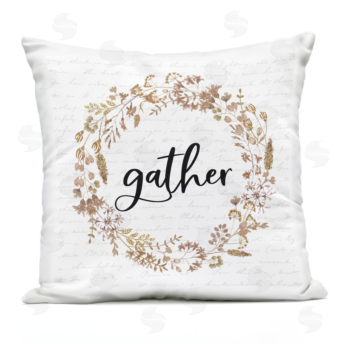 Gather Phrase Rustic Leaf Wreath Soft Autumn Design Outdoor Printed Pillow, Home Decor by Lettered and Lined