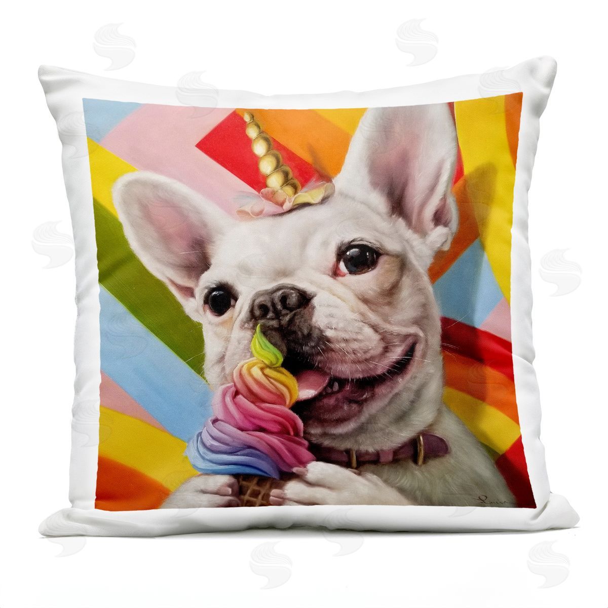 Rainbow French Bulldog Unicorn Ice Cream Colorful Outdoor Printed Pillow, Home Decor by Lucia Heffernan