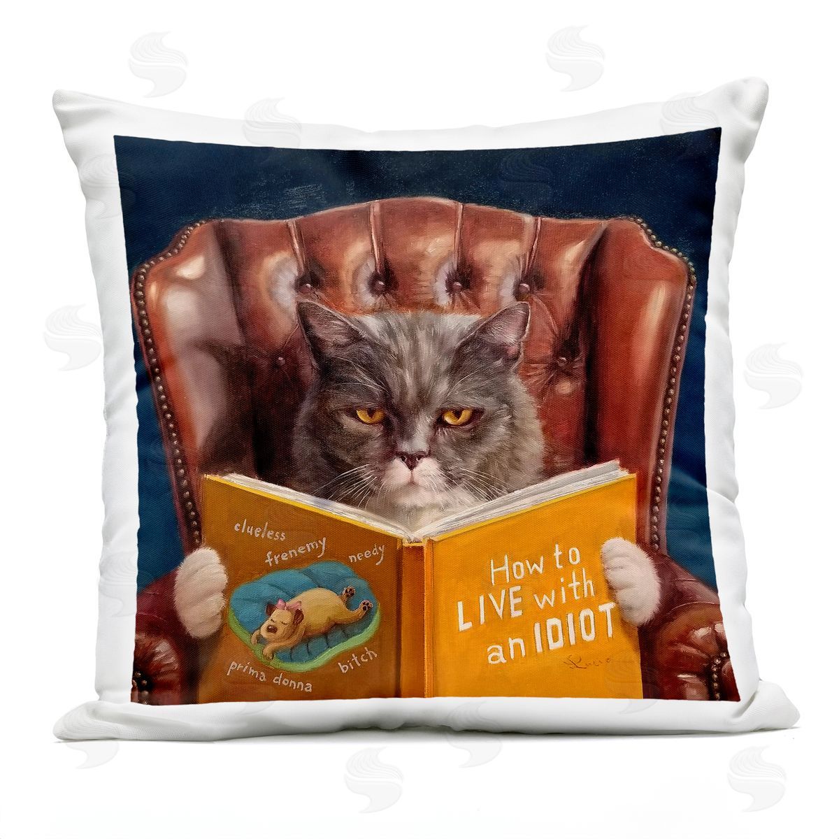 Angry Cat Reading Dog Book Feline Pet Humor Outdoor Printed Pillow, Home Decor by Lucia Heffernan