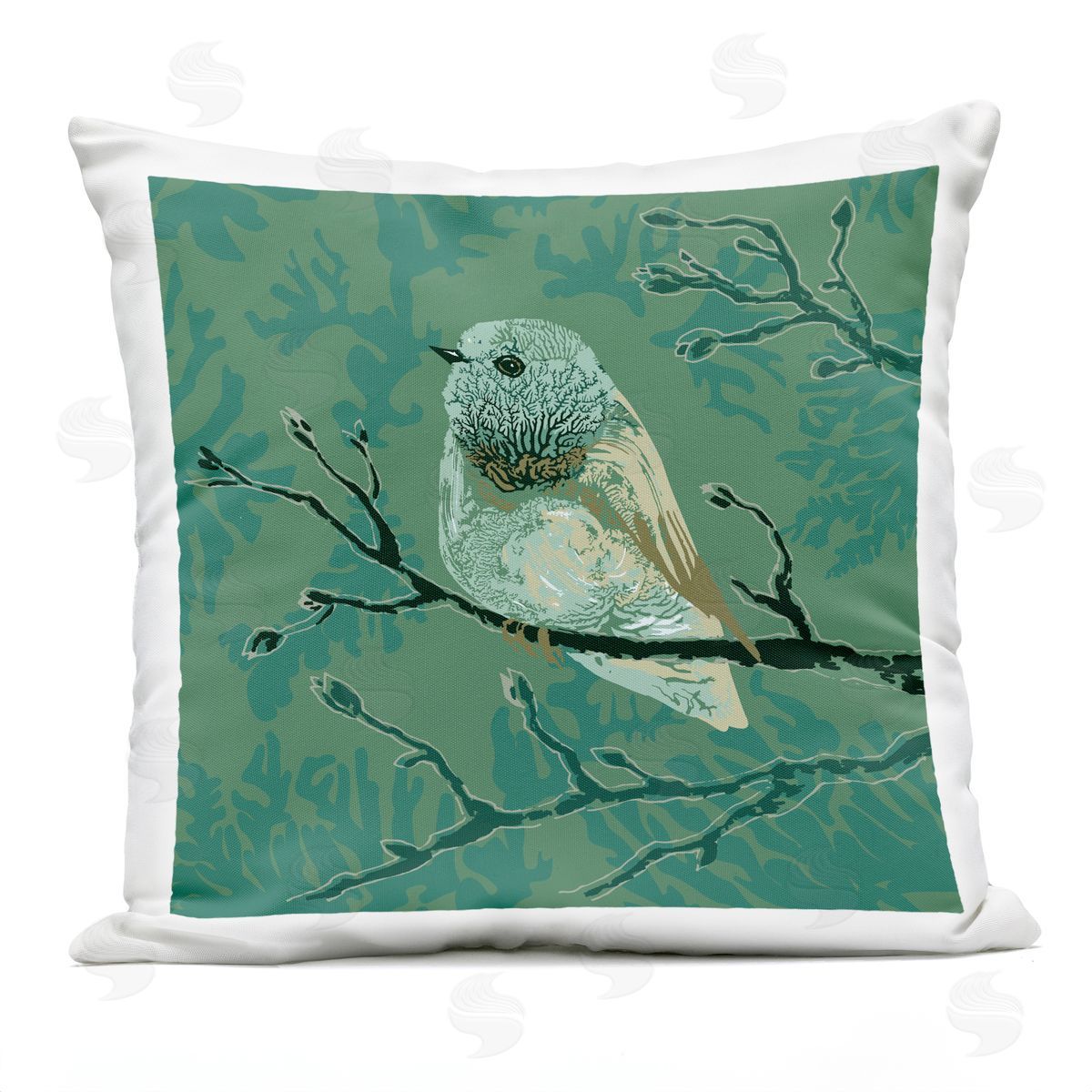 Green Perched Finch Bird Branch Pattern Outdoor Printed Pillow, Home Decor by Verbrugge Watercolor