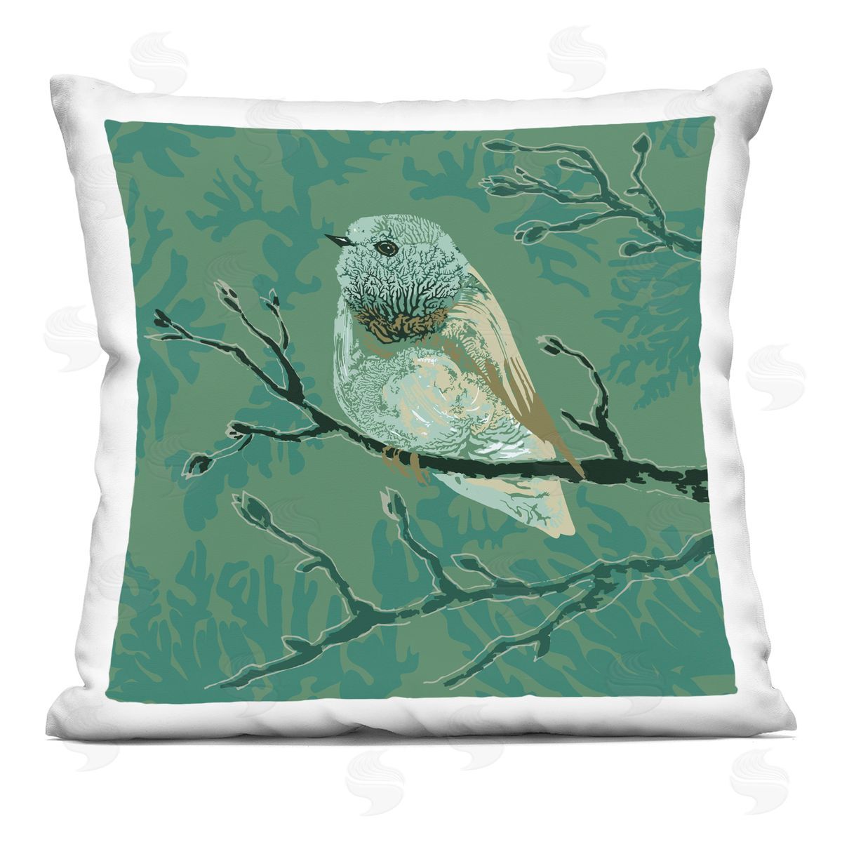 Green Perched Finch Bird Branch Pattern Decorative Printed Pillow, Home Decor by Verbrugge Watercolor