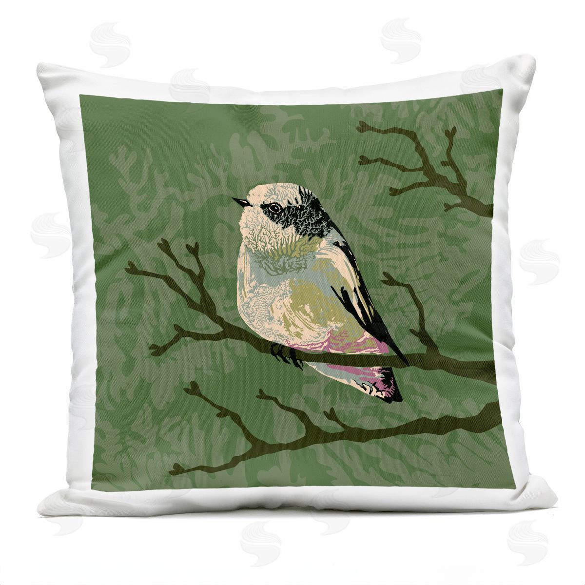 Peaceful Perched Bird Botanical Branches Outdoor Printed Pillow, Home Decor by Verbrugge Watercolor