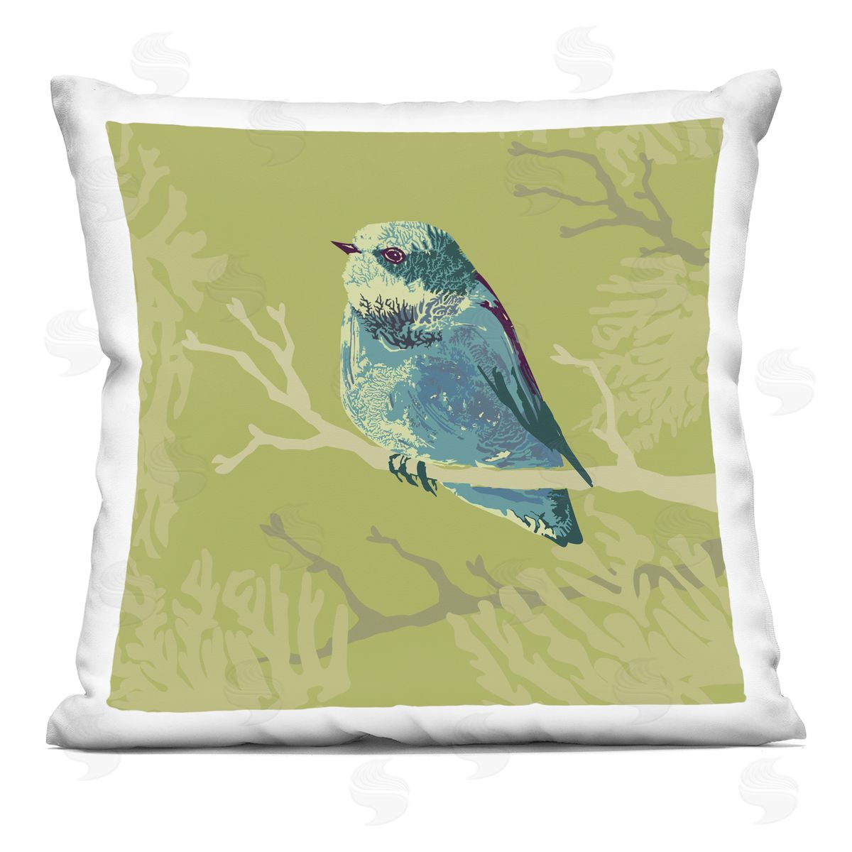 Perched Blue Bird Tree Branch Shapes Decorative Printed Pillow, Home Decor by Verbrugge Watercolor