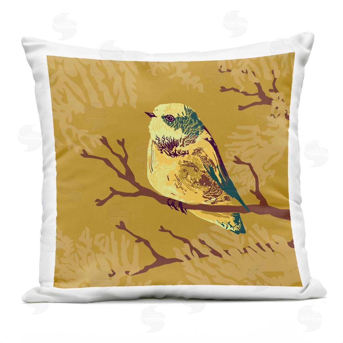 Perched Yellow Bird Botanical Leaf Pattern Outdoor Printed Pillow, Home Decor by Verbrugge Watercolor